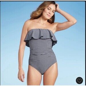 Navy & White Gingham Ruffle One Piece Swimsuit sz M